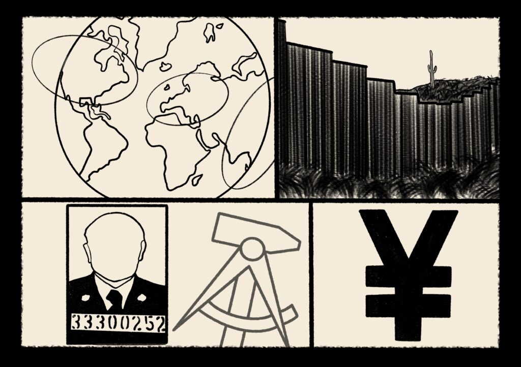 Die graphische Einführungsreportage zeigt eine Weltkarte, auf der die Regionen Nordamerika, Europa und Ostasien Markiert sind. Außerdem zeigt sie die US-Grenze zu Mexiko, das JPY-Coin-Symbol, das Fahndungsfoto Klaus Barbies und Hamma und Sichel der DDR.