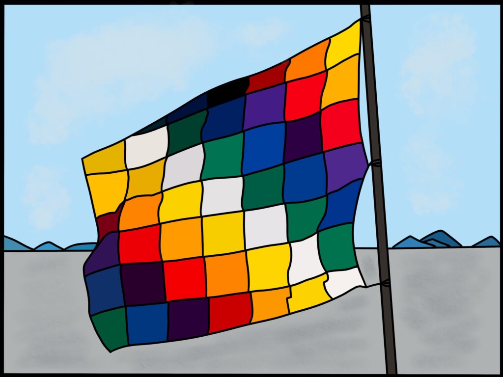 Hier sehen Sie die Whiphalla des Qollasuyu, die heute zweite Staatsflagge Boliviens ist.