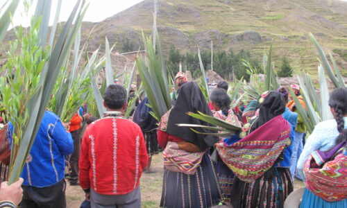 Palmsonntagsprozession in Challa Grande im Departement Cochabamba, Bolivien. Zu sehen sind Menschen mit Chakatea-Zweigen.