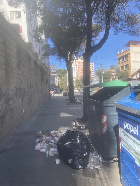 Das Bild zeigt Müll auf einem Gehweg in Obrajes, La Pa. Daneben sind Mülltonnen zu sehen, aus denen der auf dem Gehweg liegenden schwarzen Müllsack herausgenommen wurde.