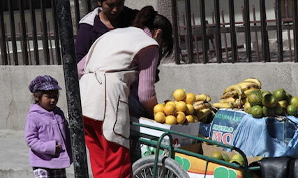 Das Bild zeigt eine Orangensaft-Verkäuferin in Bolivien.